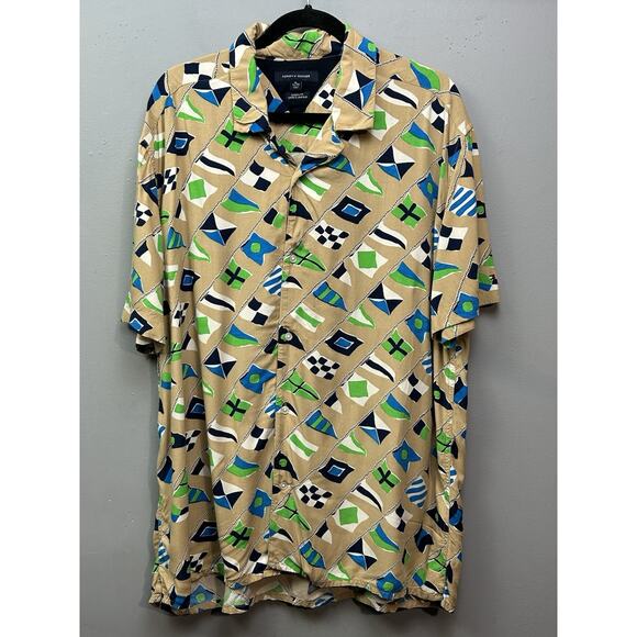 Tommy Hilfiger Shirt Mens XL Short‎ Sleeve Camp Collar Button Nautical Flags Tan - Picture 1 of 8